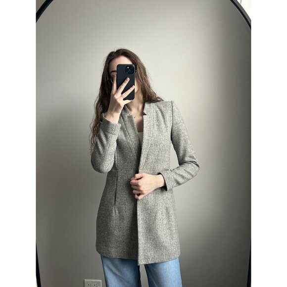 ZARA Structured Long Blazer 100% Wool Gray Size XS – Snap Button Tailored Coat J - Picture 1 of 8